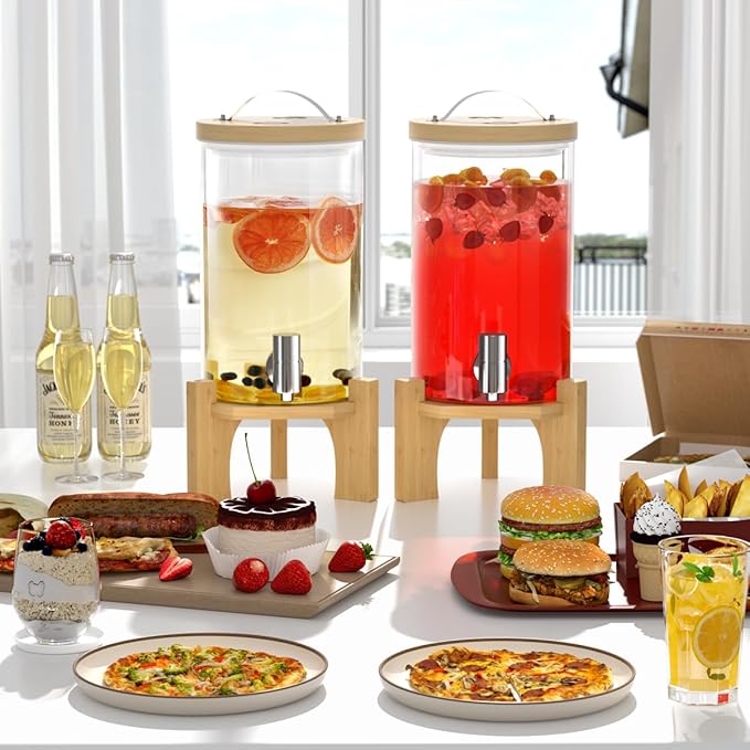 VOVUVK 1.2 Gallon Glass Drink Dispenser For Parties, Beverage Dispenser With Bamboo Wood Stand And Stainless Steel Spigot, Countertop Water Dispenser, Lemonade Dispenser For Wedding, Picnic (1PACK)