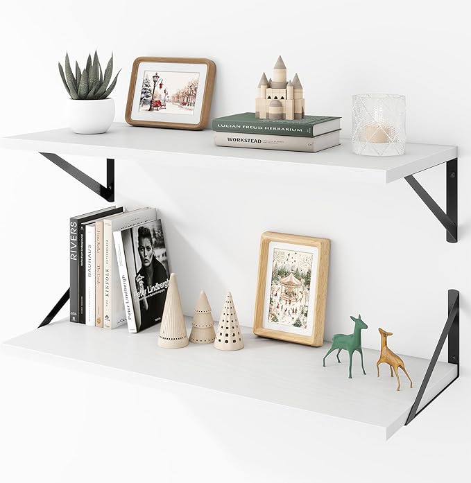 Deep Floating Shelves Wall Mounted, 30"x12" White Wall Shelves with Brackets Set of 2 for Bedroom, Living Room, Bathroom, Kitchen, Office - Storage & Display Shelf for Decor, Books, Plants