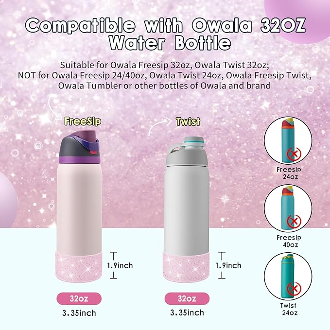 Protective Glitter Silicone Boot Compatible with Owala 24oz 32oz 40oz, Bling Cup Sleeve Bottom Bumper Cover Compatible with Owala FreeSip, Twist, or Flip Stainless Steel Water Bottles