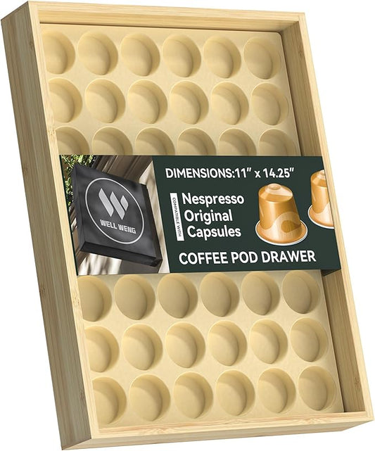for Nespresso Original Capsules - Bamboo Coffee Pod Storgae for Counter Drawer Insert - 48 Capsules Organizer (14.3” x 11” x 1.57”)