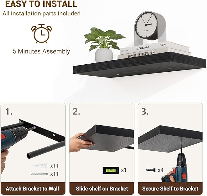 48 Inch Floating Shelves, 48"x9.25"x1.5" Inch Deep Floating Shelves for Wall, Wooden Shelves for Bathroom, Bedroom, Living Room, Black, 1 Piece