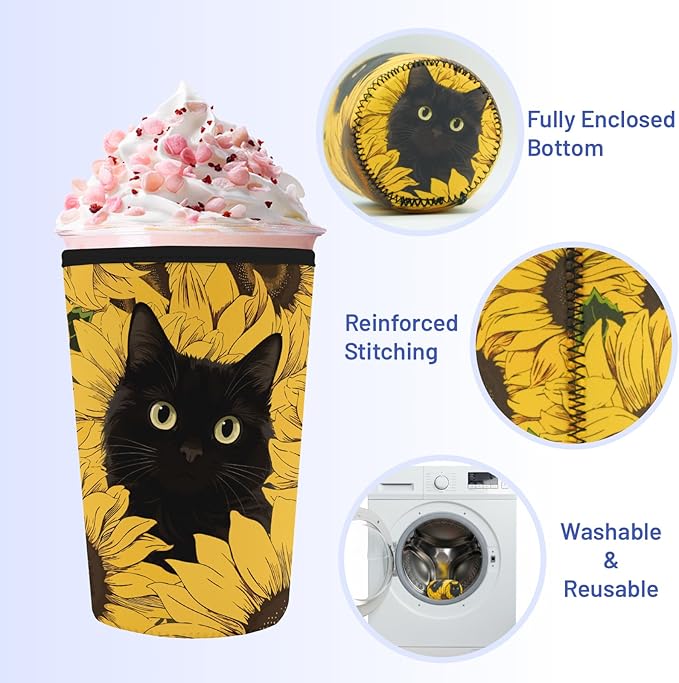 Iced Coffee Sleeve Reusable Cup Sleeves for Cold Drinks Neoprene Koozie Cozy Plastic Cup Covers for Drinks, Sunflower Cat