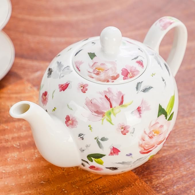 30oz Porcelain Teapot, Floral Design Ceramic Tea Pot for Loose Leaf & Bagged Tea, Classic 3-4 Cups Teapot for Daily Use & Special Occasions, Dishwasher Safe
