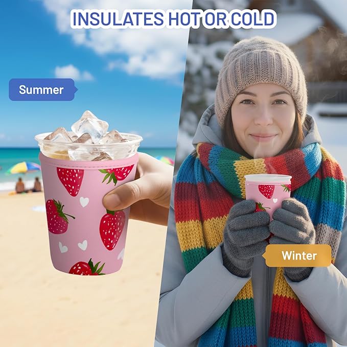 Iced Coffee Sleeve Reusable Cup Sleeves for Cold Drinks Neoprene Koozie Cozy Plastic Cup Covers for Drinks, Strawberry