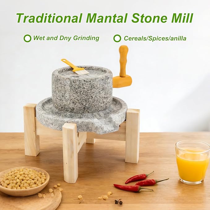 Stone Grain Mill w/Solid Wood Base Stone Grain Mill Grinder for Home - Handmade Traditional Countertop Mill Disc Grainer Mill Hand Crank Food Natural Disk Grinder for flour Spiced Barley Soy Tortillas