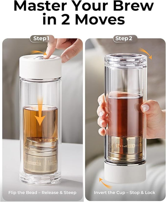 MagnaDrop Tea Tumbler – Double Wall Glass Tea Infuser Cup with Magnetic Steep Control & Bead Switch, Leakproof Travel Mug for Loose Leaf, 12.5oz