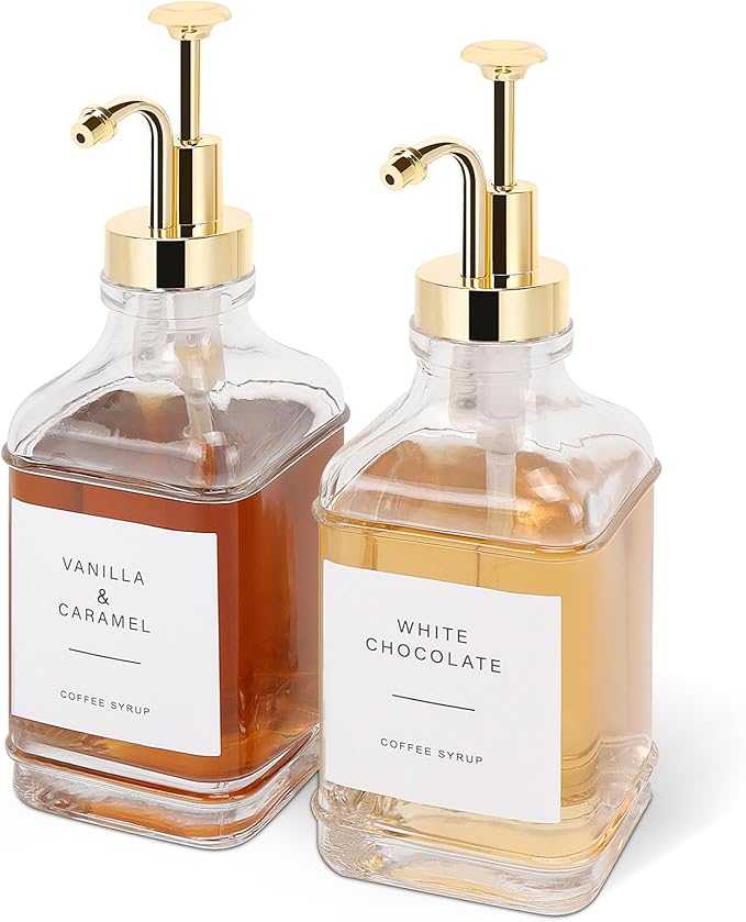 BathAce Coffee Syrup Dispenser for Coffee Bar, Clear Glass Syrup Bottles with Pump, Refillable Maple Syrup Storage, Coffee Station Accessories and Organizer, 500ml, Set of 2 (Gold)