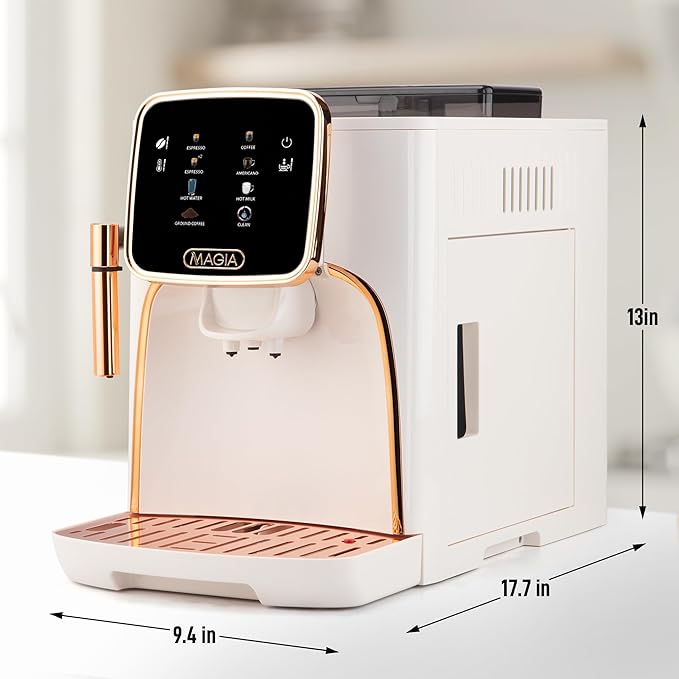 Zulay Kitchen Magia Clasica Automatic Espresso Machine with Built-In Grinder, Touch Panel Coffee Maker, Steam Wand Milk Frother, Adjustable Strength, Self-Cleaning, Cream & Copper
