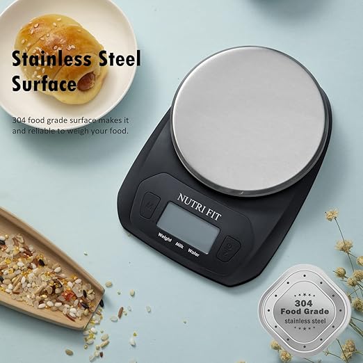 NUTRI FIT Digital Food Scale Small Kitchen Scales Weight in Grams and OZ for Cooking Baking Weight Loss, Stainless Steel Tare & Backlit LCD Display, Black