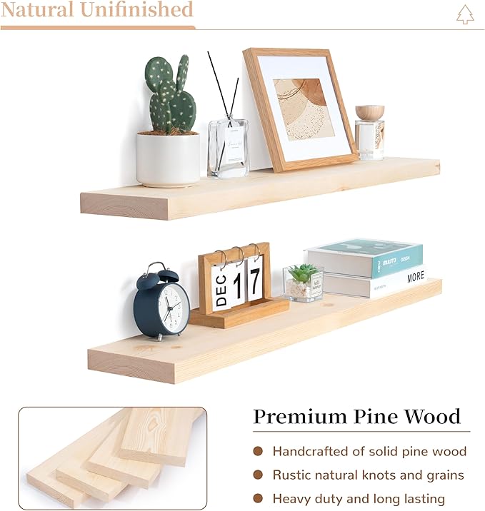 Marsmiles Natural Wood Floating Shelves | 36 Inch Unfinished Wood Wall Shelves Set of 2 | 36" W x 6.7" D Rustic Wooden Shelves for Bathroom Kitchen Living Room Bedroom