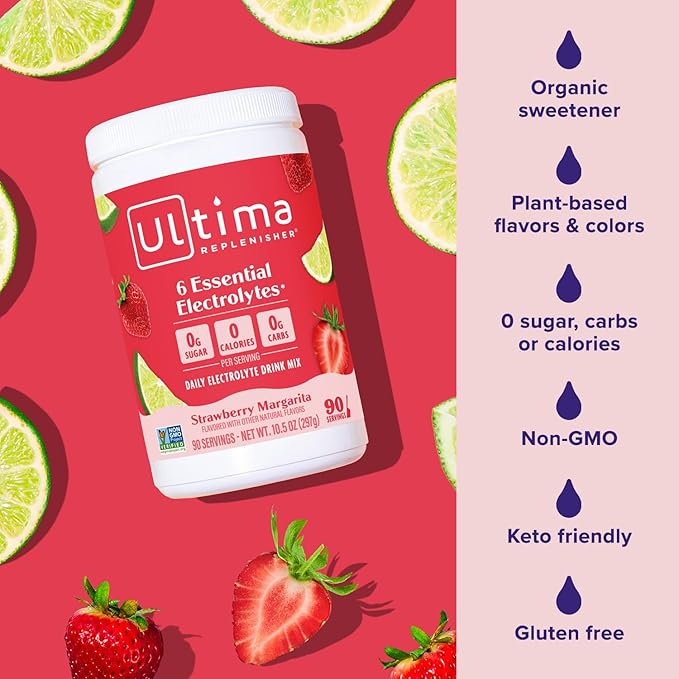 Ultima Replenisher Daily Electrolyte Powder Drink Mix – Sugar Free – Strawberry Margarita, 90 Servings – Hydration Powder with 6 Key Electrolytes and Trace Minerals – Keto Friendly, Non-GMO