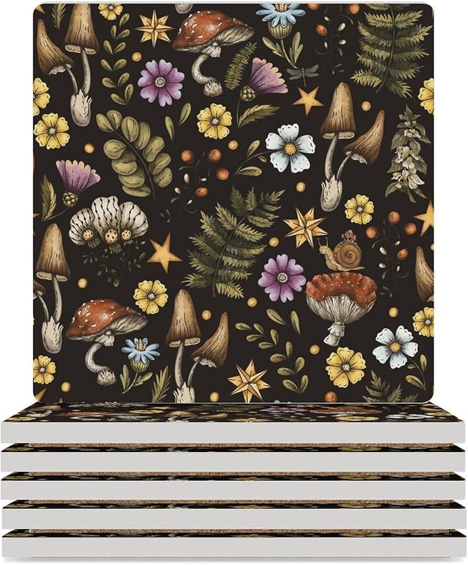 Botanical Drink Coasters, Square Ceramic Drink Coaster Square-6PCS, Cartoon Botanical Floral Rustic Plant Leaves Mushroom Decor Absorbent Ceramic Coasters for Beverage Cup, Bar, Coffee Table