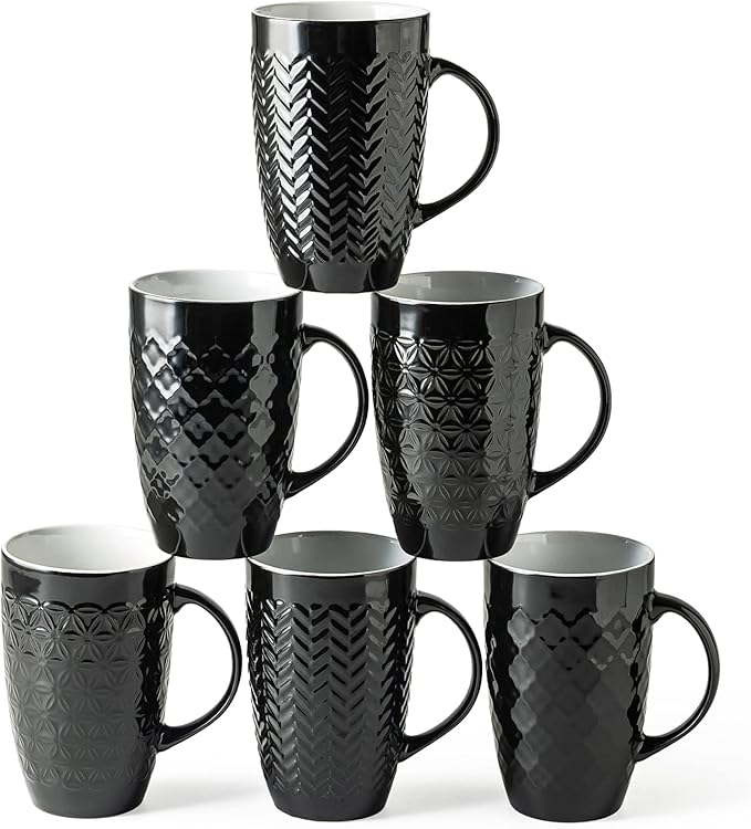 AmorArc Large Coffee Mugs Set of 6, 16oz Ceramic Tall Coffee Mugs Set with Textured Geometric Patterns for Coffee/Tea/Beer/Hot Cocoa, Dishwasher & Microwave Safe, Black