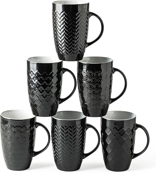 AmorArc Large Coffee Mugs Set of 6, 16oz Ceramic Tall Coffee Mugs Set with Textured Geometric Patterns for Coffee/Tea/Beer/Hot Cocoa, Dishwasher & Microwave Safe, Black