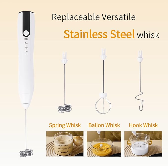 Rechargeable Milk Frother Handheld,Kitchen Essentials Hand Mixer with 3 Stainless Whisks Heads,Electric Whisk Frother for Latte, Cappuccino,Matcha, Egg, Milk Powder,with Stand (white)