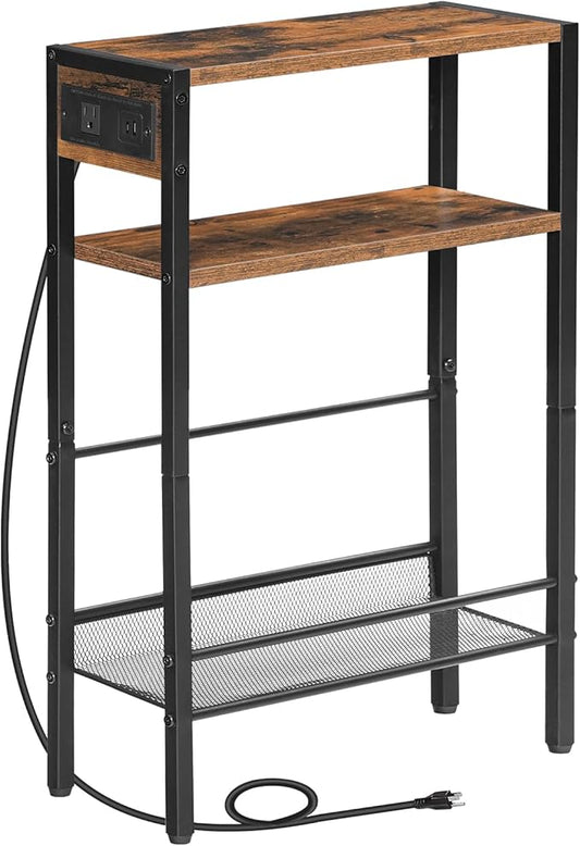 HOOBRO Small Narrow Side Table with Charging Station, Skinny End Table for Small Spaces, Slim Nightstand with USB Ports Outlet, Sofa Beside Table with Storage Shelf, Rustic Brown and Black BF102UBZ01