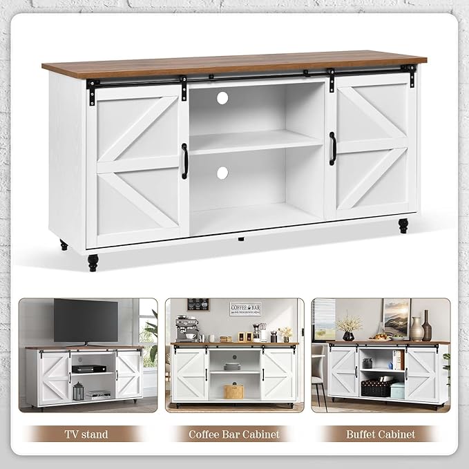 4ever2buy Farmhouse Coffee Bar Cabinet with Storage Sideboard Buffet Cabinet with Sliding Barn Doors 58 inch Buffet Table with Gourd Feet for Dining Room Living Room White