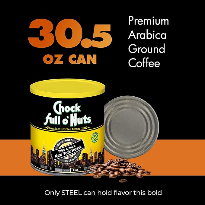Chock Full o' Nuts New York Roast Ground Coffee – Premium Beans in Recyclable Steel Can – Rich Flavor & Aroma, Dark Roast – Perfect for Drip, Pour-Over, Percolator – 30.5 Oz Can