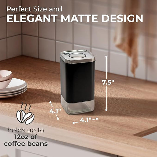 Kaffe Glass Coffee Canister (12oz) w/Airtight Lid - Click to Release Seal - BPA Free Glass & Stainless Steel - Elegant Kitchen Storage Container for Coffee, Nuts, Rice, Flour, Sugar, Tea, Cereal