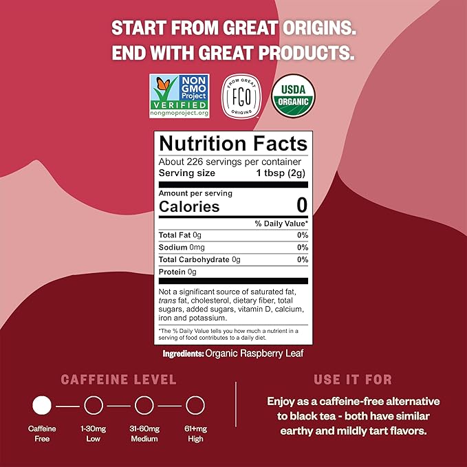 FGO Organic Red Raspberry Loose Leaf Herbal Tea, Cut and Sifted, Caffeine Free, 16oz Bulk Resealable Pouch, Packaging May Vary (Pack of 1)