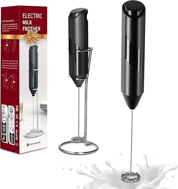 HealSmart Milk Frother Handheld, Battery Operated Electric Drink Mixer with Stainless Steel Whisk and Stand for Coffee, Lattes, Cappuccino, Matcha, Hot Chocolate, Black