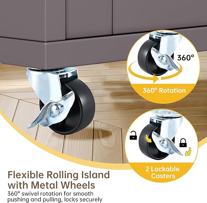 Wood Kitchen Island with Storage, Wooden Rolling Kitchen Island On Wheels with Countertop, Mobile Kitchen Island Cart with Towel Rack, Spice Rack, Adjustable Shelf and Drawers, Grey