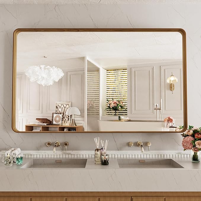LOAAO 60X40 Inch Bathroom Mirror with Wood Grain Colored Metal Frame, Rounded Rectangle Metal Framed Bathroom Mirror, Anti-Rust, Hangs Horizontally or Vertically, Tempered Glass