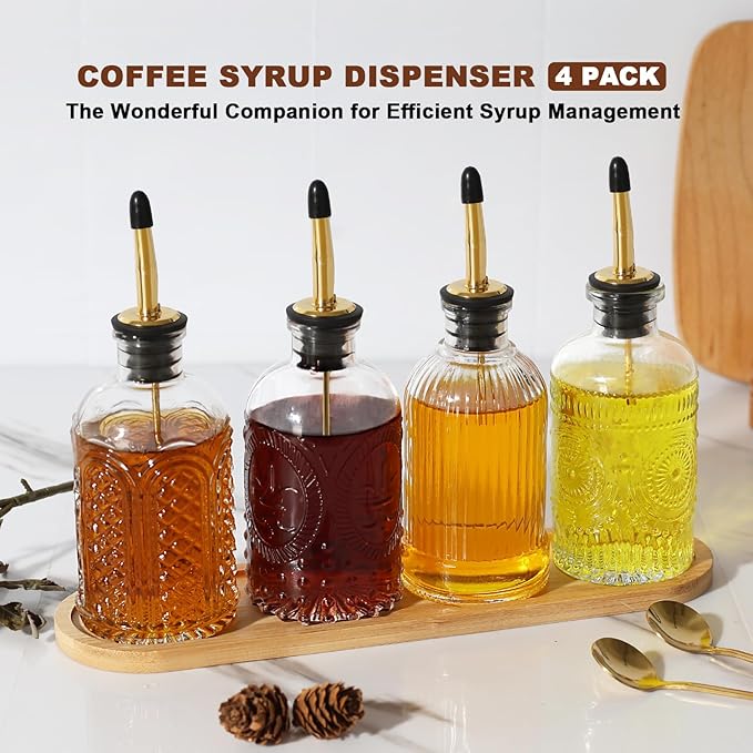 Coffee Syrup Dispenser for Coffee Bar, 4 Pack Glass Syrup Dispensers Bottles with Bamboo Tray, 7 Fl Oz Small Maple Syrup Container with Golden Spoon, Vintage Oil Dispenser for Kitchen