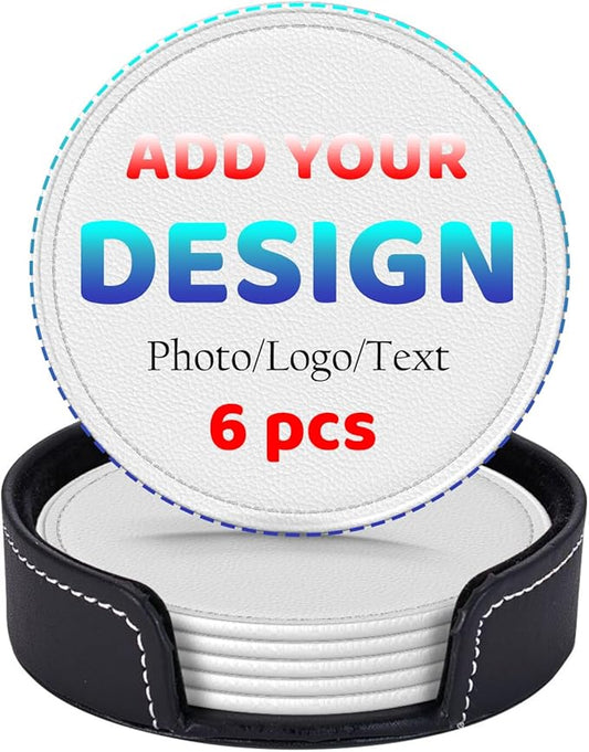 Custom 6 PCS Leather Cup Holder Design Image Logo Text Personalized Drink Coasters Customized Round Bar Coasters with Cork Base for Kitchen Home Office