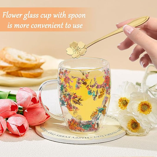 Gifts for Women Dried Flowers Double Wall Glass Coffee Mugs Cute Glass Tea Cups with Handles Autumn Mug Christmas Birthday Gifts for Best Friend Teacher Mum Gift New Home Gift Ideas Home Decor