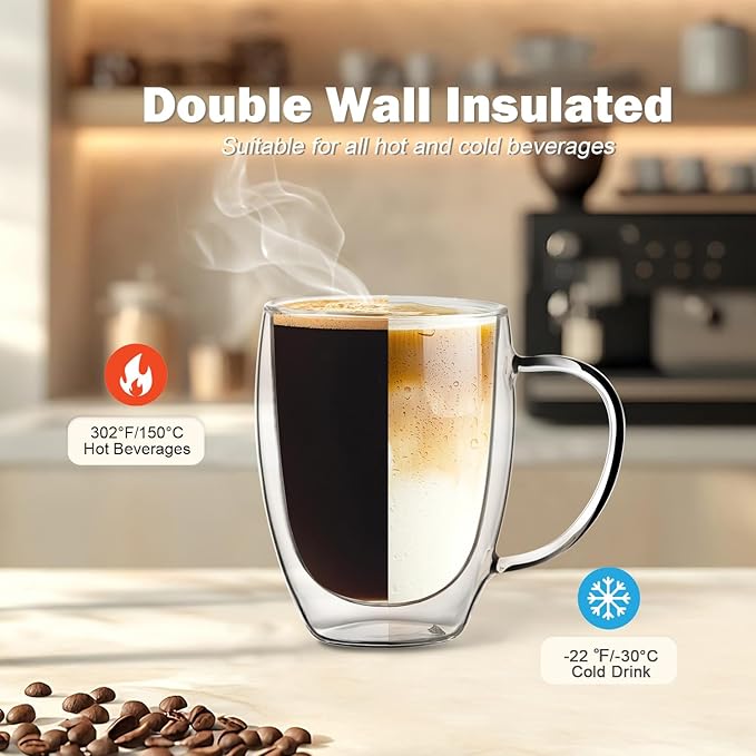 Double Wall Glass Coffee Mugs 12 OZ, Clear Coffee Cup With Handle,Insulated Coffee Mugs Set of 4 With Spoons Perfect for Espresso, Cappuccino, Latte, American,Tea Bag, Beverage