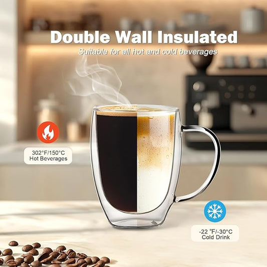Double Wall Glass Coffee Mugs 12 OZ, Clear Coffee Cup With Handle,Insulated Coffee Mugs Set of 4 With Spoons Perfect for Espresso, Cappuccino, Latte, American,Tea Bag, Beverage