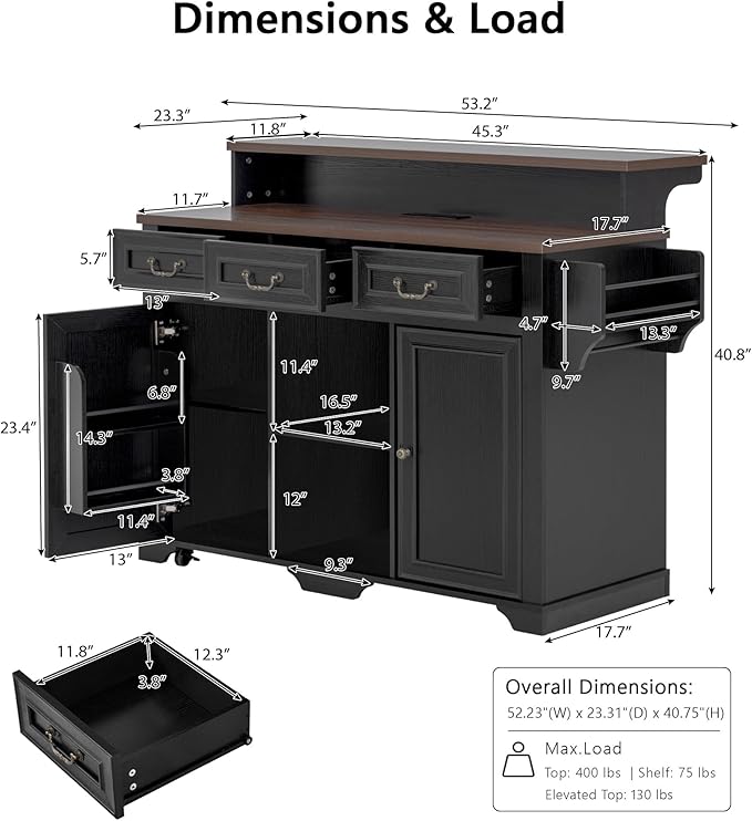 Rolling Kitchen Island with Two-Tier Bar Counter and Power Outlets, 3 Drawers & 4 Door Shelves, Mobile Kitchen Cart with Storage Cabinets & Locking Wheels for Dining Room & Kitchen, 53-Inch, Ash Black