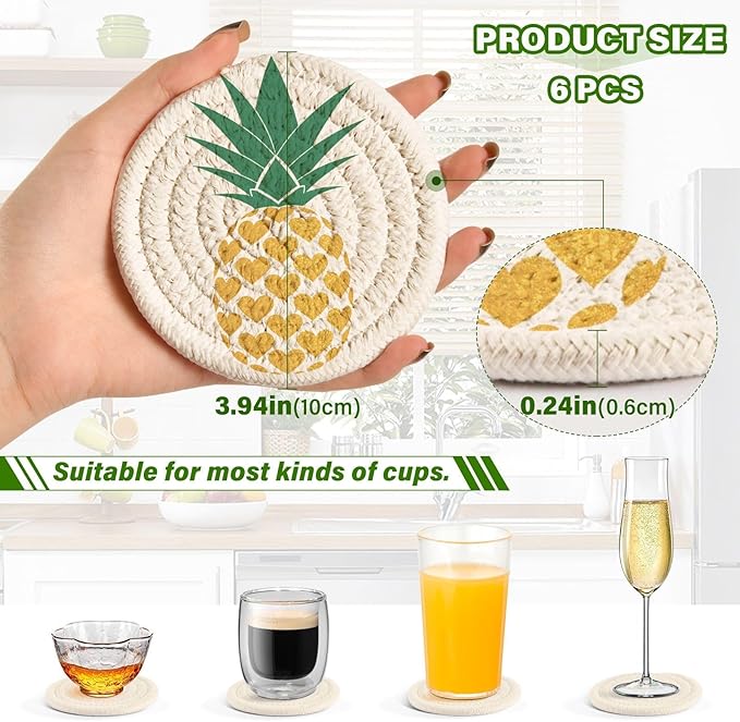 Pineapple Golden Tropical Gold Drink Coasters Set of 6 with Holder - Absorbent Decorative Bar Coasters for Coffee Table Protection