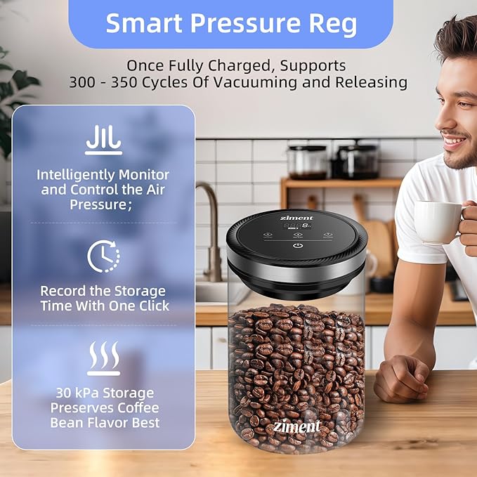 1.6L Smart Vacuum Coffee Canister, Airtight Glass Storage Container, Intelligent Air Pressure Adjustment, 4000 Hours Long Standby Time, Holds 1.1 lb/500g Coffee Beans, Tore Pasta, Snacks, Nuts