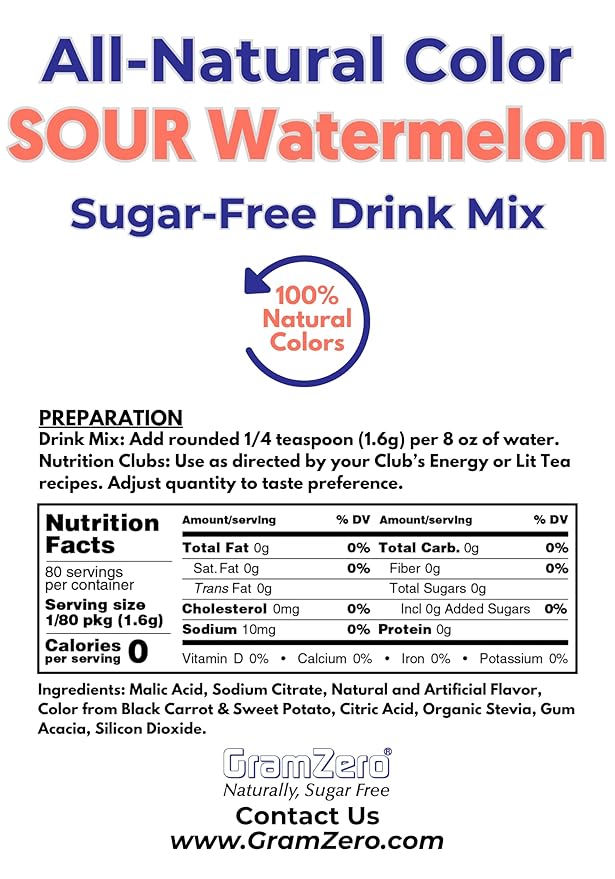 GramZero Sour Watermelon Zero Calorie Sugar Free Drink Mix, Great For Nutrition Club Loaded Tea, Stevia Sweetened
