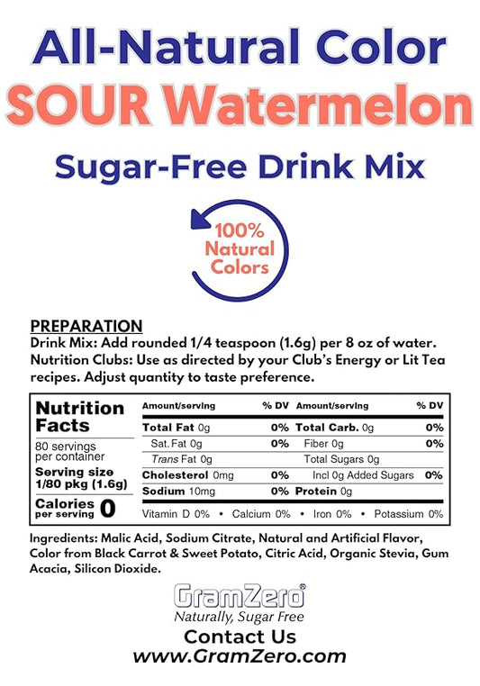 GramZero Sour Watermelon Zero Calorie Sugar Free Drink Mix, Great For Nutrition Club Loaded Tea, Stevia Sweetened