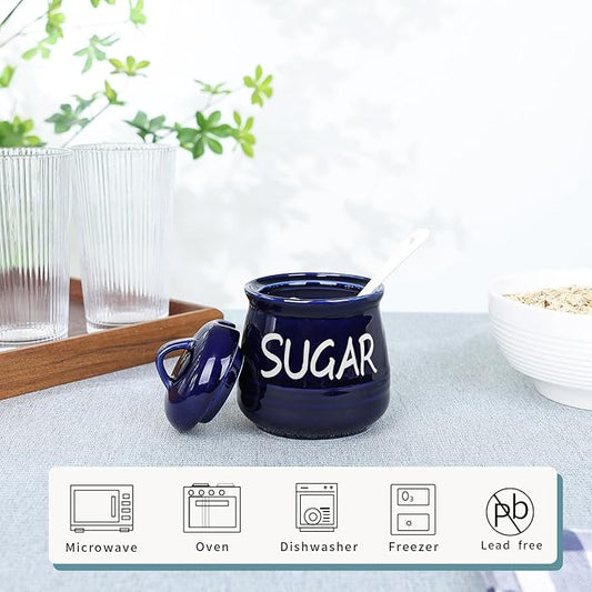HAOTOP Porcelain Sugar Bowl with Lid and Spoon 12 oz (Navy)