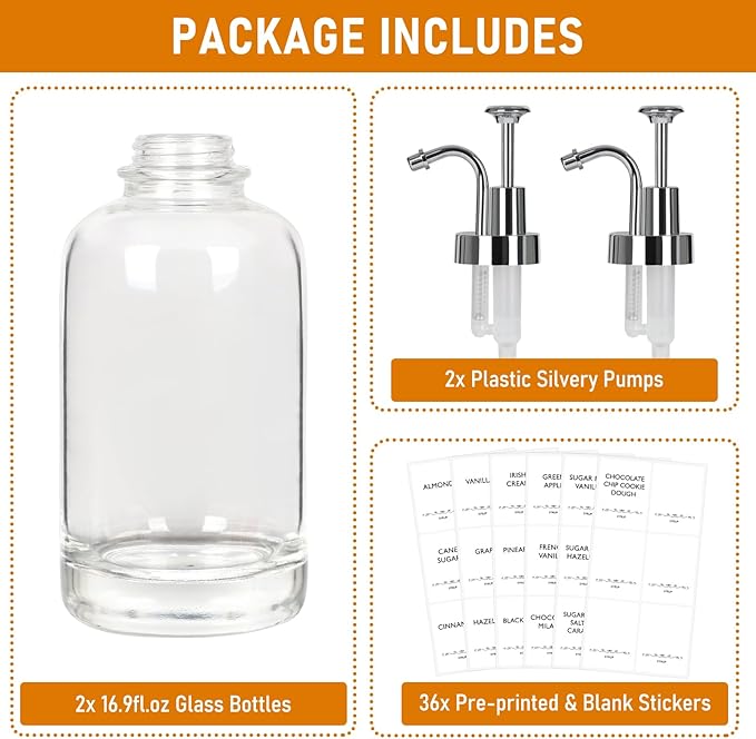 Coffee Syrup Dispenser 16.9 Oz 2 Pack, 500ml Glass Bottle with Sliver Pump for Coffee Bar, Includes 36 Stickers - Reusable Syrup Bottles