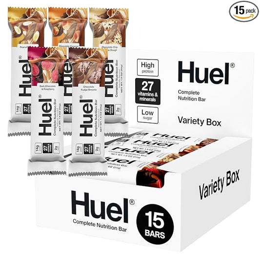 Huel Complete Nutrition Vegan Protein Bars | Variety Pack | 27 Vitamins & Minerals, 2g Sugar, Non-GMO, 100% Plant Based Snack | 15 Pack