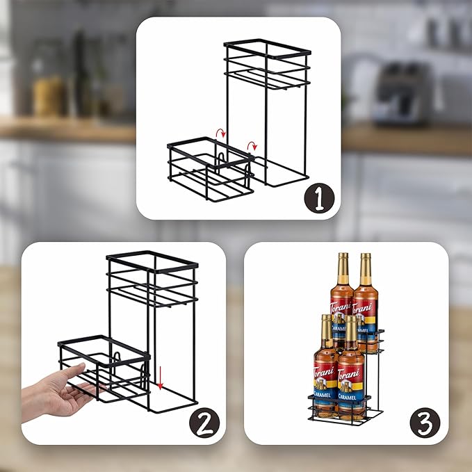 Rice rat Coffee Syrup Organizer Rack, (4 Bottle Capacity),2 Tier Coffee Syrup holder for Coffee Bar Accessories,Kitchen,Storage for Syrup, Wine, Dressing（Black）