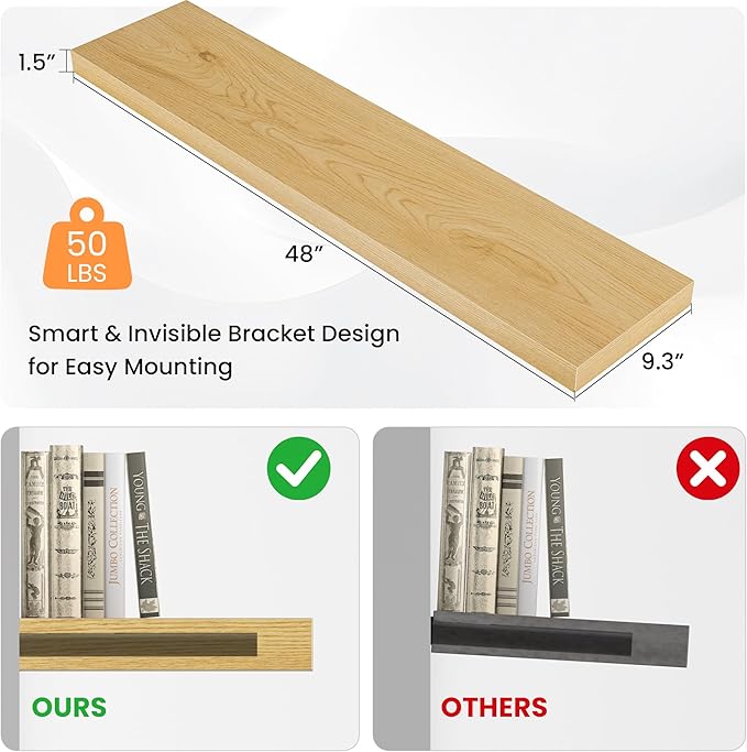 Floating Shelves for Wall, 48" W x 9.3" D x 1.5" H, Wooden Wall Mounted Display Shelves with Invisible Brackets for Living Room, Bedroom, Bathroom, Kitchen Decor and Storage, Set of 1, Oak
