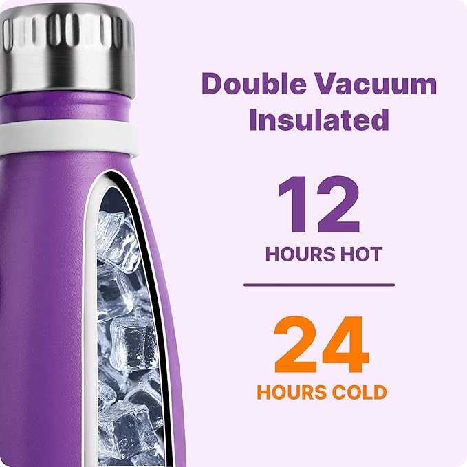 VINUR 9 oz Small Water Bottle for Kids-Stainless Steel Vacuum Insulated Water Bottle for School-Cola Shape Leak Proof Flask with Carry Rope, Purple