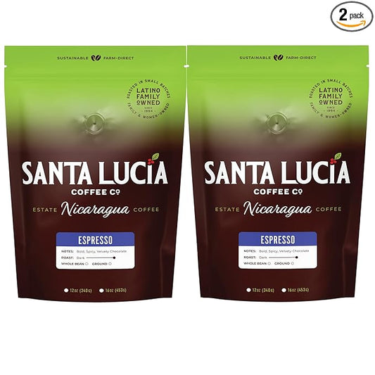 Santa Lucia Coffee Café Crema Espresso Roast Coffee - Specialty Volcanic Nicaraguan Espresso Roast - Farm-Direct, Low-Acid - Dense Golden Crema - 91-Point, Small-Batch - Ground - 16oz (Pack of 2)