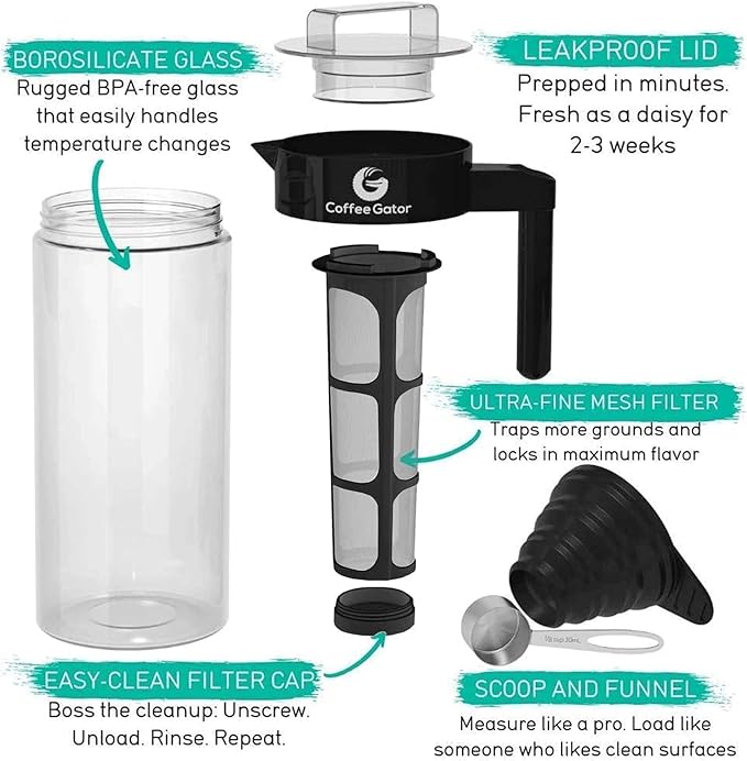 Coffee Gator 47oz Cold Brew Coffee Maker & 16oz Stainless Steel Coffee Canister Set - Ideal Coffee Lovers Gifts for Her
