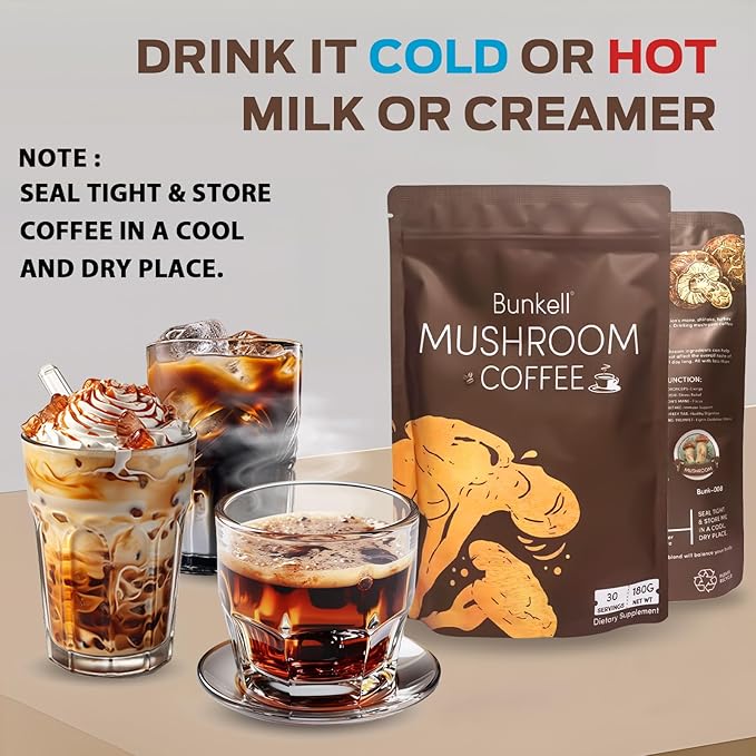 Mushroom Coffee, Adaptogenic 6 Mushrooms with Lion's Mane, Reishi, Cordyceps, Shiitake, King Trumpet & Turkey Tail, Instant Coffee Powder for Energy, Digestion & Immune Support, 30 Servings