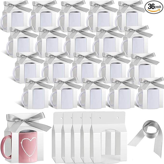 Kosiz 36 Pcs Mug Boxes Sublimation Coffee Mugs Gift Bags with Window Packaging Storage Box for Shipping Selling Wedding Valentines Gift Packaging Wrapping (for 12oz Mug,White,Silver)