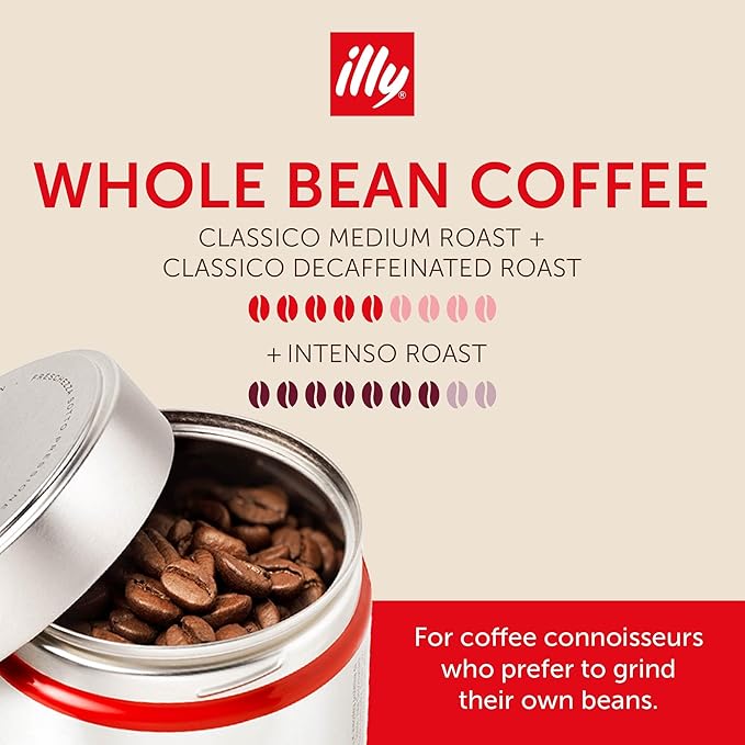 illy Whole Bean Coffee, Classico Medium, Decaffeinated and Intenso Bold Roasts, 100% Arabica, Premium Italian Coffee, Ideal for Espresso, Drip, Moka and French Press Brewing, 8.8oz, 12 Variety Pack