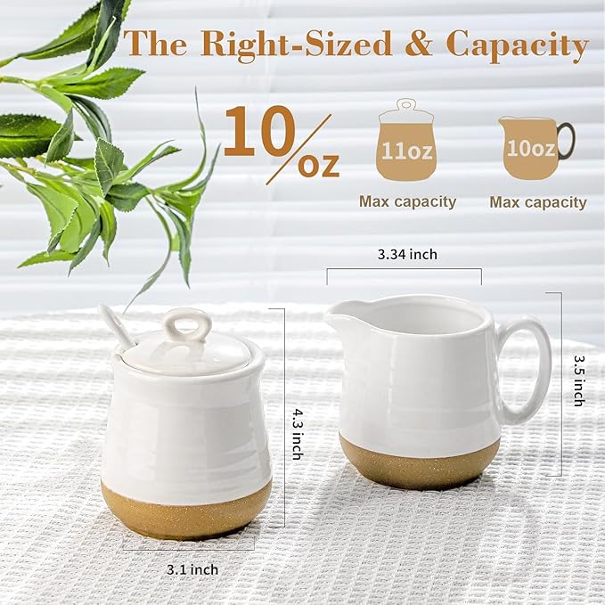 Ceramic Sugar and Creamer Container Set of 3,10 Ounce Cream Pitcher,11 Ounce Sugar Bowl with Lid and Spoon,Farmhouse Coffee Bar Accessories Set for Serving,Microwave & Dishwasher Safe,White