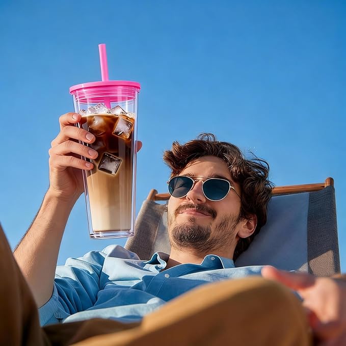 24oz Tumbler with Lid and Straw, Leak Proof and Double Wall Insulated Reusable Plastic Cups,Travel Reusable Iced Coffee Cup (1, Pink)